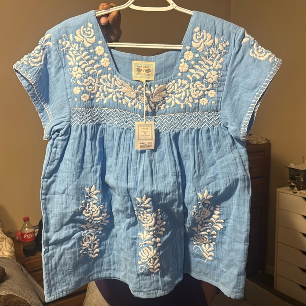 Beach to Bistro by Siri’s Olsen blue short sleeve shirt